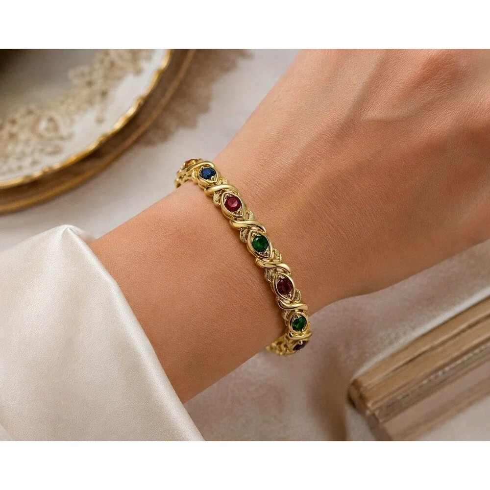 Vintage Blanca Gold Tone Jewel Tone Rhinestone XO Tennis Bracelet USA Marked